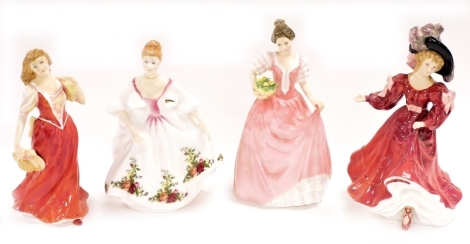 Four Royal Doulton porcelain figures, comprising Country Rose HN3221, Strolling HN3755, Miss Kay HN3659 and Patricia HN3365.