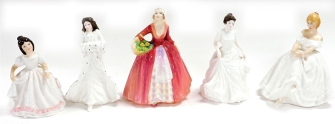 Five Royal Doulton porcelain figures, comprising Amanda HN3635, Christmas Day HN3488, Harmony HN4096, Heather HN2956 and Janet HN1537.