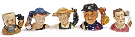 Five Royal Doulton character jugs, comprising George Tinworth, D7000, Huckleberry Finn D7177, Fireman D7215, The Jug Collector D7147, and Tom Sawyer D7187.