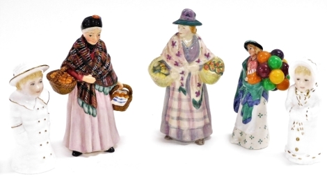 Two Royal Worcester porcelain candle snuffers, boy with boater and girl with muff, each 10cm high, and three Royal Doulton miniature porcelain street vendors, comprising Romany Sue HN4812, boxed with certificate, The Orange Lady, 13cm high, and The Balloo