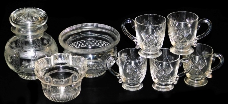 Five late Victorian cut glass custard cups, a cut glass sugar bowl, cut glass pickle jar with mushroom stopper and engraved decoration, and a glass preserve bowl with a crimped border.