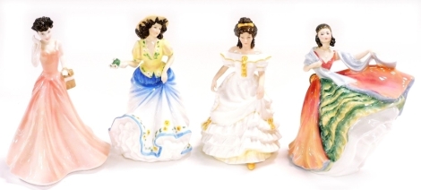 Four Royal Doulton porcelain figures, comprising Emily HN3688, Angela HN3690, Ann HN3259, and Georgina HN4047.