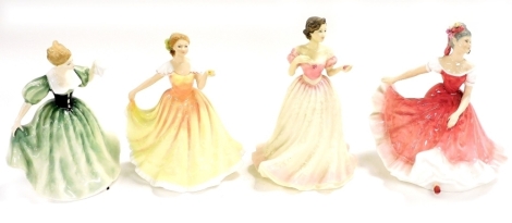 Four Royal Doulton porcelain figures, comprising Lilly HN3902, Deborah HN3644, Charity HN4243, and Olivia HN3339.