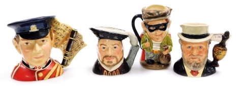 Four Royal Doulton character jugs, comprising Henry VIII D6647, Sir Henry Doulton D7057, The Judge And Thief D6988 and North Yorkshire Fife Player D7217, boxed with certificate.