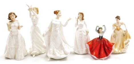 Five Royal Doulton porcelain figures, comprising Welcome HN3764, Thinking Of You HN3124, Karen HN3270, Wisdom HN4083, Joy HN3875 and a Coalport miniature figure of Rose. (6)