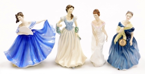 Four Royal Doulton porcelain figures, comprising Adrienne HN2304, Elaine HN2791, Linda HN2758 and Flower Of Scotland HN4240.