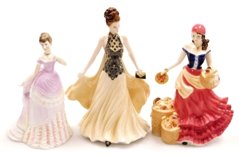 Three Royal Worcester porcelain figures, comprising Royal Worcester Fruit Seller At Appleby Fair, 22cm high, Emily, 20cm high, and Grace, 24cm high.