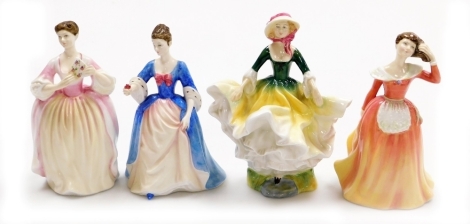 Four Royal Doulton porcelain figures, comprising Patricia HN3907, Becky HN2740, Valerie HN3904, and Eleanor HN3906.