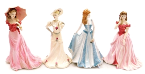 Four Coalport porcelain figures, comprising Summer Stroll, 23cm high, Ladies Of Fashion Serenity, 22cm high, Marion, 22cm high, and Sarah, 21cm high.