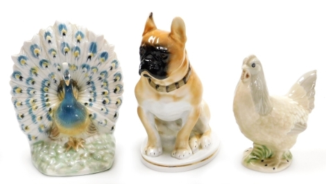 Three ceramic figures, comprising a Valencian porcelain peacock 20cm high, a hen 16cm high, and a Lomonosov porcelain figure of a Boxer dog 21cm high.