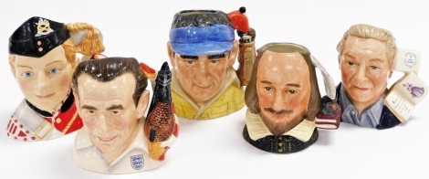 Five Royal Doulton pottery character jugs, comprising The Golfer D7064, the Figure Collector D7156, Shakespeare D6938, North Staffordshire Drummer Boy D7211 and Sir Stanley Matthews D7161.