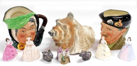 Two Royal Doulton pottery character jugs, four Coalport miniature figures, a Beswick Beatrix Potter Hunca Munca sweeping figure, 8cm high, a Sylvac pottery shaped nautilus shell, 22cm wide, and two Dansk metal figures of a mouse and rabbit, each 4cm high.