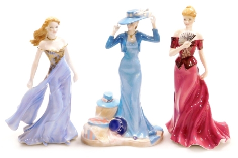 Three Royal Worcester porcelain figures, comprising Isabella, 24cm high, Chloe, 24cm high, and Amanda, 23cm high.