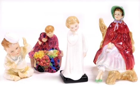 Four Royal Doulton porcelain figures, comprising Sally HN2741, Darling HN1985, What Fun HN3364, and a miniature street vendor of The Flower Sellers Children 11cm high.