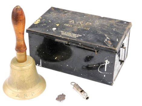 A World War II ARP (Air Raid Precautions) bell, 26cm high, a J Hudson & Co ARP whistle, and silver badge, contained in an ARP (Wardens) metal first aid case, the case 28cm wide.