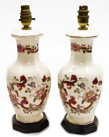 A pair of Mason's Mandalay pattern pottery table lamps, on hardwood bases, 35cm high.