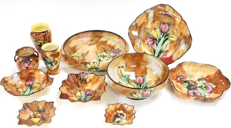 A group of H&K Tunstall Viola pattern pottery, to include various bowls, vases, 14cm and 11cm high, dishes, etc. (1 tray)