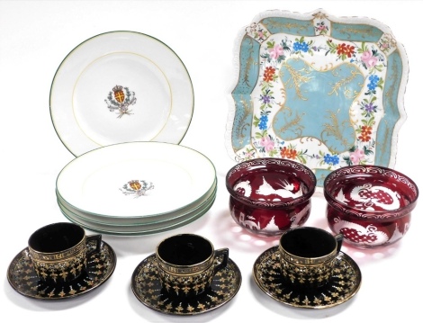 A group of pottery, porcelain and glassware, to include a Limoges dish, decorated with flowers and bands of turquoise with gilt highlights, 27cm diameter, a set of five L. Soudanas plates, decorated with armorial crests, three Victorian pottery cups and s