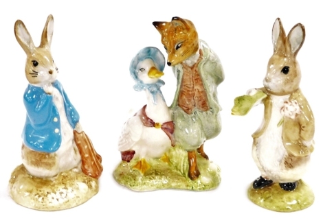 Three Beswick Beatrix Potter pottery figures, comprising Jemina Puddleduck and The Foxy Whiskered Gentleman, boxed, Benjamin Ate A Lettuce Leaf and Peter and The Red Pocket Handkerchief.