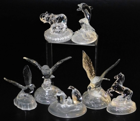 A group of moulded glass animal figures, to include an eagle, 19cm high, rearing horse, 16cm high, owl, 19cm high, etc.