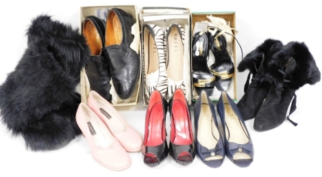 Various shoes, to include a pair of Marilyn Anslem for Hobbs pink leather court shoes, size 4.5, a pair of Ravel zebra print ballet pants, size unknown, a pair of gent's Loake Bros leather dress shoes, etc. (1 box)