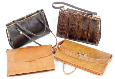 Four vintage handbags, comprising a 1930's snakeskin and brown leather top handle bag, 18cm high, 24cm wide, 9cm deep, a tan snakeskin shoulder bag, 18cm high, 26cm wide, 4cm deep, a simulated ostrich skin leather shoulder bag, 17cm high, 28cm wide, 18cm 