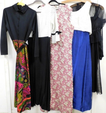 A group of vintage dresses, predominately from the 1960s, to include a Devonshire Lady black and white evening gown, measurements, bust 37-30 and hips 39-40, a pink brocade full length shift dress, size unknown, a black high neck full length gown with pat