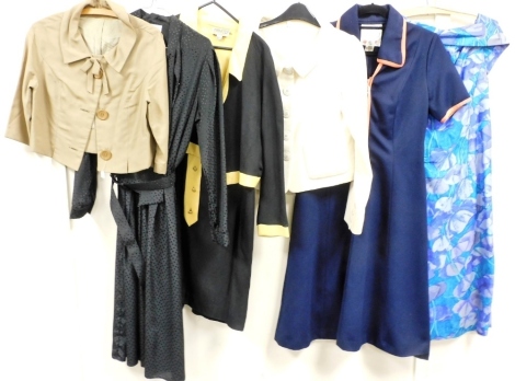 Various vintage lady's clothing, to include a Mansfield of London dress and jacket set, in black and yellow with heart shaped buttons, size 14, a Davisella polyester day dress in blue, with coral banding, a 1950's mink coloured cropped jacket, a Hobbs cre