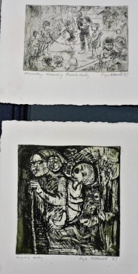 Joyce Marriott (20thC School). Various works, to include Timeless Travail, 17cm x 17cm, Crying Baby, 18cm x 16cm, Far From The Madding House, 10cm x 15cm, etching, each signed and dated, contained in folder. - 3