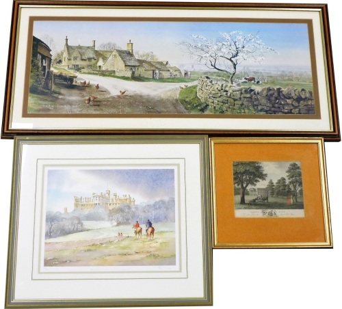 After Alan Ingham. Upperwall Farm, Saintbury near Broadway Gloucestershire, print, 26cm x 73cm, after KW Burton, Belvoir Castle in Leicestershire, signed limited edition print number 552/650, 23cm x 31cm, and Langar Hall, the seat of The Right Honourable