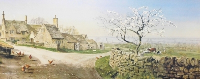 After Alan Ingham. Upperwall Farm, Saintbury near Broadway Gloucestershire, print, 26cm x 73cm, after KW Burton, Belvoir Castle in Leicestershire, signed limited edition print number 552/650, 23cm x 31cm, and Langar Hall, the seat of The Right Honourable - 2