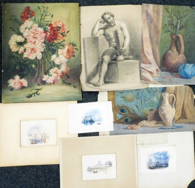 Various pictures, prints, etc., to include floral still life, oil on canvas, 57cm x 43cm, study of a jug, watercolour on paper, 50cm x 34cm, and J.M Larsson, nude study of a gentleman seated, pencil sketch, 52cm x 40cm, watercolour study of Venice, 14cm x