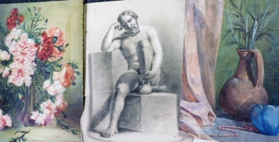 Various pictures, prints, etc., to include floral still life, oil on canvas, 57cm x 43cm, study of a jug, watercolour on paper, 50cm x 34cm, and J.M Larsson, nude study of a gentleman seated, pencil sketch, 52cm x 40cm, watercolour study of Venice, 14cm x - 2