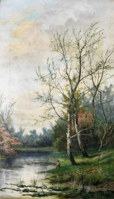 G. Haller (late 19th/early 20thC British School). Lake scene with figures of fisherman, oil on canvas, 51cm x 30cm, and a further work by the same artist of an Autumn woodland scene. (2) - 2