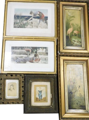 A group of pictures and prints, to include 19thC portrait of a boy in blue, watercolour on paper, 15cm x 10cm, a pair of oil on canvas of birds, each 48cm x 17cm, etc. (a quantity)