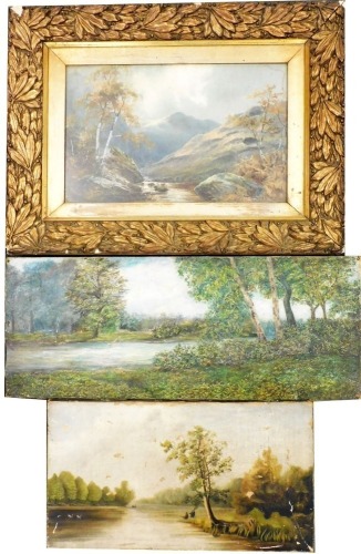 Various pictures, prints, etc., comprising a fishing scene, oil on canvas, 25cm x 46cm, woodland lake scene, paper mounted on board, 25cm x 62cm, and a further mountainous lake scene. (3)