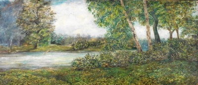 Various pictures, prints, etc., comprising a fishing scene, oil on canvas, 25cm x 46cm, woodland lake scene, paper mounted on board, 25cm x 62cm, and a further mountainous lake scene. (3) - 3