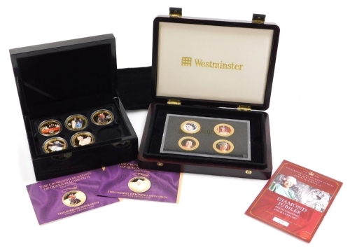 A Queen Elizabeth II Diamond Jubilee photographic four coin set, in copper with 24ct gold plating, in fitted case, and a similar part set titled the Jubilee Monarch.