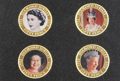 A Queen Elizabeth II Diamond Jubilee photographic four coin set, in copper with 24ct gold plating, in fitted case, and a similar part set titled the Jubilee Monarch. - 2