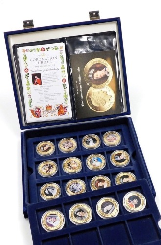 A group of gold coloured Royal commemorative medallions, for the Queen Elizabeth II Coronation 60 years Anniversary, incomplete, boxed.