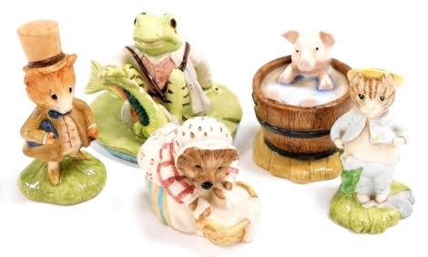 Five Beswick Royal Doulton Beatrix Potter figures, comprising Jeremy Fisher Catches a Fish, Amiable Guinea Pig, Mrs Tiggy-Winkle Washing, Tom Kitten In The Rockery, and Yock-Yock In The Tub, boxed.