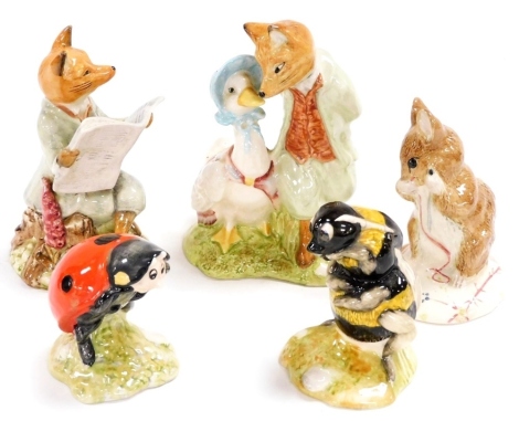 A group of Royal Albert Beatrix Potter figures, comprising Foxy Reading, Babbitty Bumble Bee, No More Twist, Mother Ladybird, and Jemima Puddle-Duck with Foxy Whiskered Gentleman, some boxed.