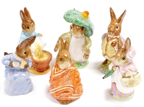 A group of Beswick Beatrix Potter figures, comprising Mrs Rabbit, Cottontail, Poorly Peter Rabbit, Benjamin Bunny, Mr Benjamin Bunny, and Cecily Parsley, (6).