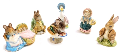 Six Beswick Beatrix Potter figures, comprising Benjamin Bunny Sat On A Book, Samuel Whiskers, Appley Dapply, Hunca Munca, Jemima Puddle-Duck, and Cousin Ribby.