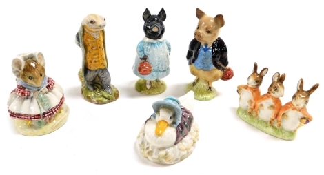 Six Beswick Beatrix Potter figures, comprising Pig Wig, Pigling Bland, Jemima Puddle-Duck, Flopsy, Mopsy and Cottontail, The Old Woman Who Lived In A Shoe, and Sir Isaac Newton.