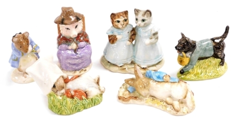 Six Royal Albert Beatrix Potter figures, comprising This Pig Had None, Peter In The Gooseberry Net, Benjamin Wakes Up, Gentleman Mouse Made A Bow, John Joiner, and Mittens and Moppet.