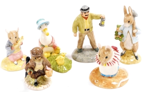 Six Beswick Royal Doulton Beatrix Potter figures, comprising Peter Rabbit Gardening, boxed, Johnny Town-Mouse Eating Corn, Jemima And Her Ducklings, Johnny Town-Mouse With Bag, Farmer Potatoes, and Mrs Tittlemouse.