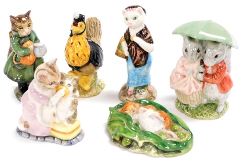 Six Beswick Beatrix Potter figures, comprising Tabitha Twitchit and Miss Moppet, Timmy Willie Sleeping, Goody and Timmy Tiptoes, Susan, Simpkin, and Sally Henny Penny.