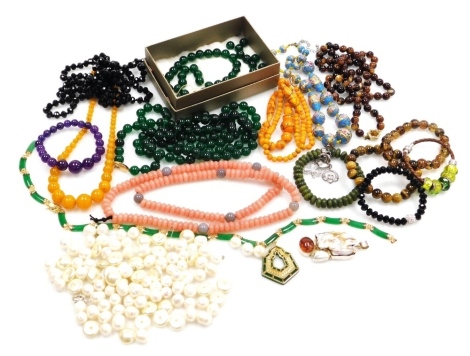 Assorted hard stone bead necklaces and bracelet, Venetian glass necklace and a Pandora bracelet.