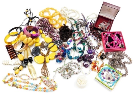 Costume jewellery, including crystals and beads, enamel bead necklace, plastic jewellery and simulated pearls. (a quantity)